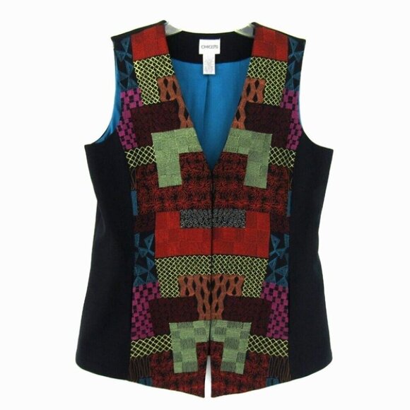 Chicos Embroidered Patchwork Vest Size S Art To Wear Boho Pockets Multicolor - Picture 13 of 13